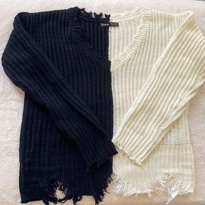 Two Tone Drop Shoulder Distressed Trim Sweater